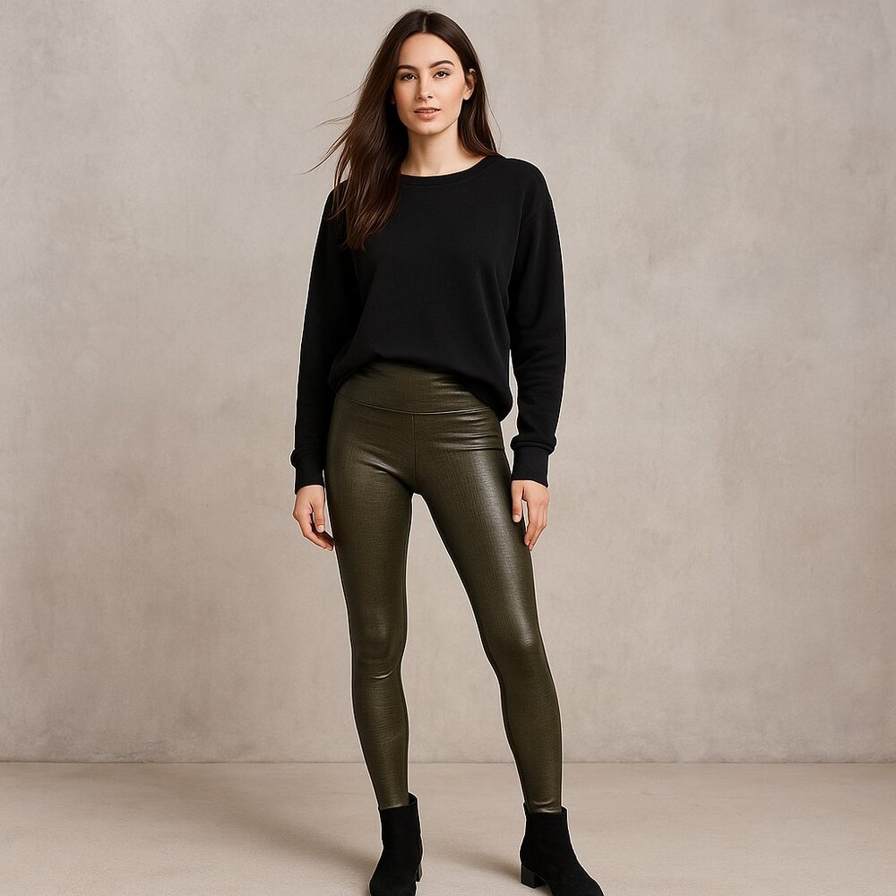 SPANX Faux Leather Croc Embossed Animal Print High Rise Leggings Green Size S